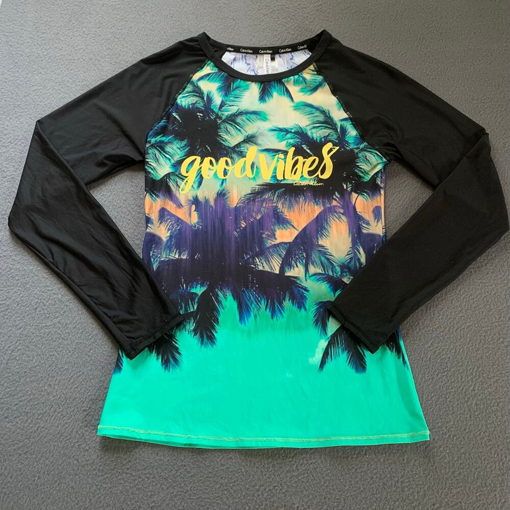 Calvin Klein Good Vibes Long Raglan Sleeve Rash Guard Top Large Black & Green